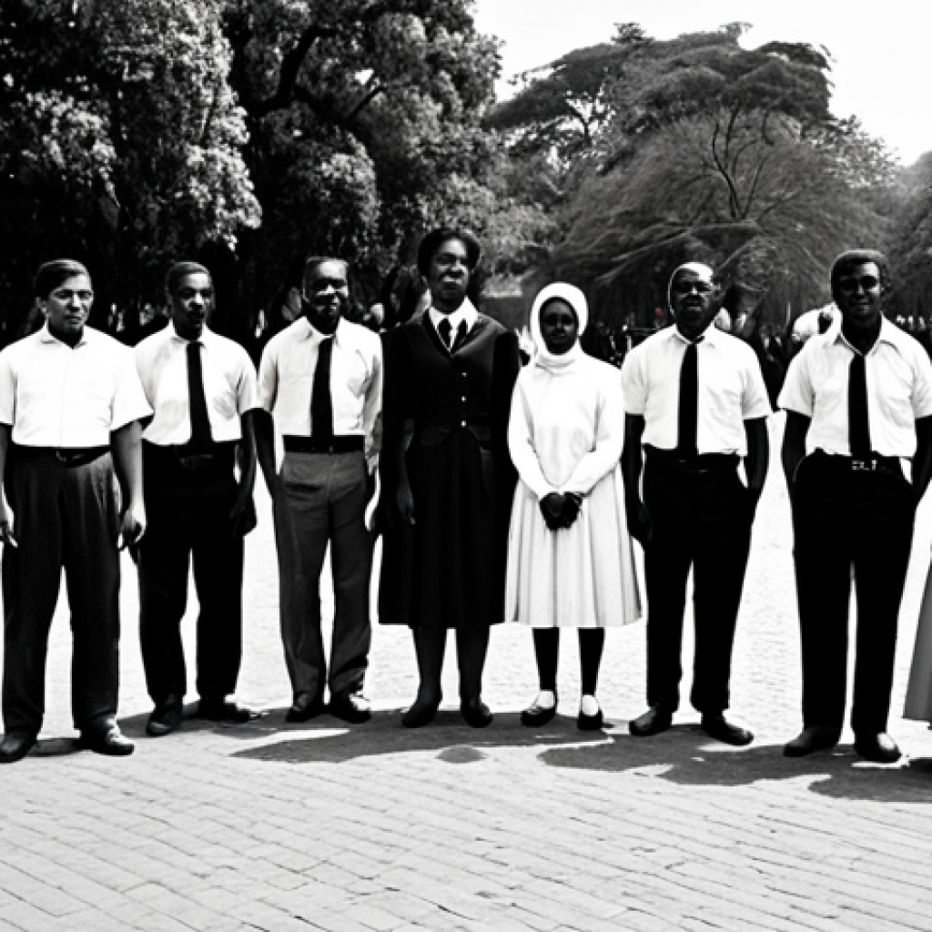 A photographic depiction of diverse individuals from different South African communities, fully clothed in modest, period-appropriate attire from the 1960s, including collared shirts, skirts, and trousers. The scene subtly portrays separate, yet calm and respectful, environments within a city setting, such as distinct pathways in a park or different sections of a public square, reflecting the historical context of the era without depicting conflict. The atmosphere is contemplative and observational. perfect anatomy, correct proportions, natural pose, well-formed hands, proper finger count, natural body proportions. Professional photography, high resolution, detailed, realistic lighting, soft focus background. safe for work, appropriate content, fully clothed, modest, family-friendly.