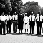 A photographic depiction of diverse individuals from different South African communities, fully clothed in modest, period-appropriate attire from the 1960s, including collared shirts, skirts, and trousers. The scene subtly portrays separate, yet calm and respectful, environments within a city setting, such as distinct pathways in a park or different sections of a public square, reflecting the historical context of the era without depicting conflict. The atmosphere is contemplative and observational. perfect anatomy, correct proportions, natural pose, well-formed hands, proper finger count, natural body proportions. Professional photography, high resolution, detailed, realistic lighting, soft focus background. safe for work, appropriate content, fully clothed, modest, family-friendly.