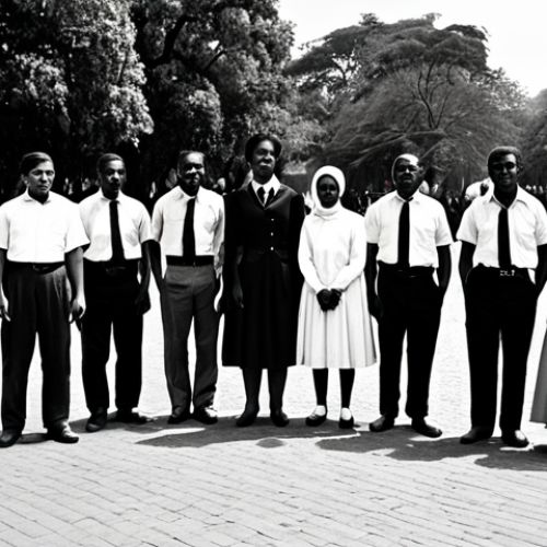 A photographic depiction of diverse individuals from different South African communities, fully clothed in modest, period-appropriate attire from the 1960s, including collared shirts, skirts, and trousers. The scene subtly portrays separate, yet calm and respectful, environments within a city setting, such as distinct pathways in a park or different sections of a public square, reflecting the historical context of the era without depicting conflict. The atmosphere is contemplative and observational. perfect anatomy, correct proportions, natural pose, well-formed hands, proper finger count, natural body proportions. Professional photography, high resolution, detailed, realistic lighting, soft focus background. safe for work, appropriate content, fully clothed, modest, family-friendly.