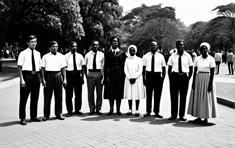 A photographic depiction of diverse individuals from different South African communities, fully clothed in modest, period-appropriate attire from the 1960s, including collared shirts, skirts, and trousers. The scene subtly portrays separate, yet calm and respectful, environments within a city setting, such as distinct pathways in a park or different sections of a public square, reflecting the historical context of the era without depicting conflict. The atmosphere is contemplative and observational. perfect anatomy, correct proportions, natural pose, well-formed hands, proper finger count, natural body proportions. Professional photography, high resolution, detailed, realistic lighting, soft focus background. safe for work, appropriate content, fully clothed, modest, family-friendly.