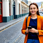 A professional female traveler, fully clothed in modest, appropriate travel attire, is standing confidently on a vibrant street in Cape Town, South Africa, near the V&A Waterfront. She holds a smartphone, engaging with a ride-sharing application, with a clean, modern vehicle visible in the background, indicating ease and convenience. The scene is well-lit during daytime, conveying a sense of safety and modernity. This image features perfect anatomy, correct proportions, well-formed hands, and natural body proportions. It is safe for work, appropriate content, and family-friendly.