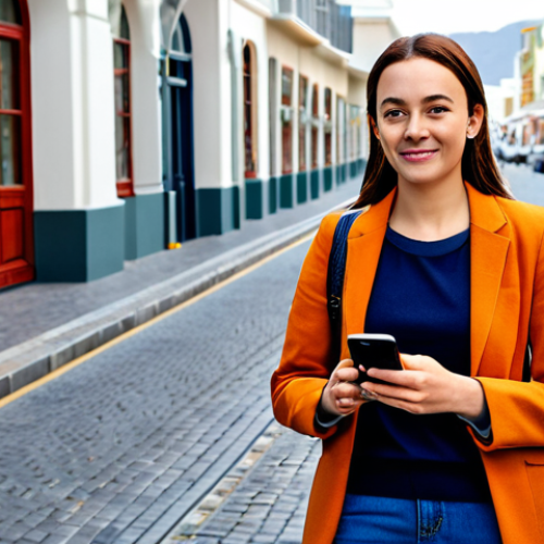 A professional female traveler, fully clothed in modest, appropriate travel attire, is standing confidently on a vibrant street in Cape Town, South Africa, near the V&A Waterfront. She holds a smartphone, engaging with a ride-sharing application, with a clean, modern vehicle visible in the background, indicating ease and convenience. The scene is well-lit during daytime, conveying a sense of safety and modernity. This image features perfect anatomy, correct proportions, well-formed hands, and natural body proportions. It is safe for work, appropriate content, and family-friendly.