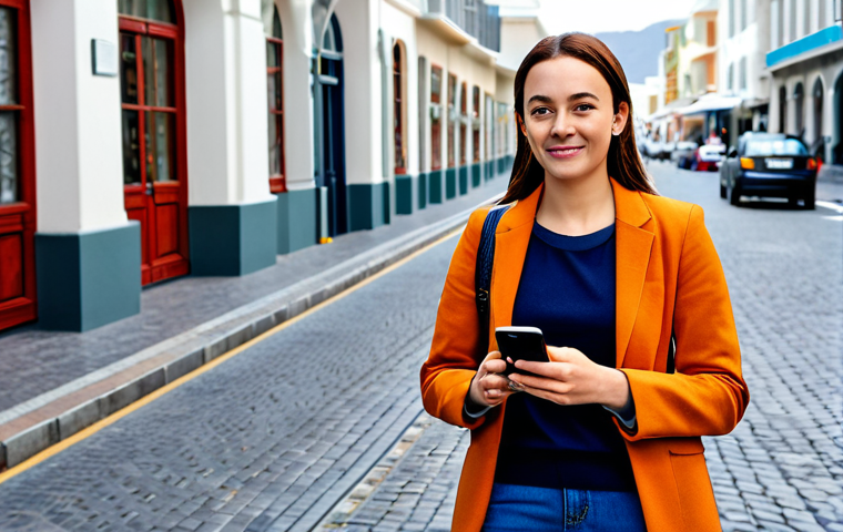 A professional female traveler, fully clothed in modest, appropriate travel attire, is standing confidently on a vibrant street in Cape Town, South Africa, near the V&A Waterfront. She holds a smartphone, engaging with a ride-sharing application, with a clean, modern vehicle visible in the background, indicating ease and convenience. The scene is well-lit during daytime, conveying a sense of safety and modernity. This image features perfect anatomy, correct proportions, well-formed hands, and natural body proportions. It is safe for work, appropriate content, and family-friendly.