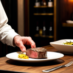 A discerning diner, fully clothed in elegant, modest evening wear, is seated at a dark wooden table in an upscale steakhouse in Cape Town, South Africa. The background features blurred shelves of various South African wine bottles and soft, warm ambient lighting, creating a luxurious and intimate atmosphere. A perfectly cooked, medium-rare steak is presented on a clean white plate with subtle garnishes, emphasizing the quality of the food. The individual observes the steak with a refined, appreciative expression. The scene is captured with professional photography, showcasing high-resolution detail, rich textures, and a sophisticated color palette. safe for work, appropriate content, fully clothed, professional, perfect anatomy, correct proportions, natural pose, well-formed hands, proper finger count, natural body proportions.