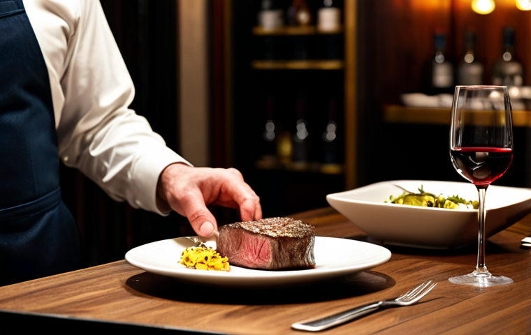 A discerning diner, fully clothed in elegant, modest evening wear, is seated at a dark wooden table in an upscale steakhouse in Cape Town, South Africa. The background features blurred shelves of various South African wine bottles and soft, warm ambient lighting, creating a luxurious and intimate atmosphere. A perfectly cooked, medium-rare steak is presented on a clean white plate with subtle garnishes, emphasizing the quality of the food. The individual observes the steak with a refined, appreciative expression. The scene is captured with professional photography, showcasing high-resolution detail, rich textures, and a sophisticated color palette. safe for work, appropriate content, fully clothed, professional, perfect anatomy, correct proportions, natural pose, well-formed hands, proper finger count, natural body proportions.