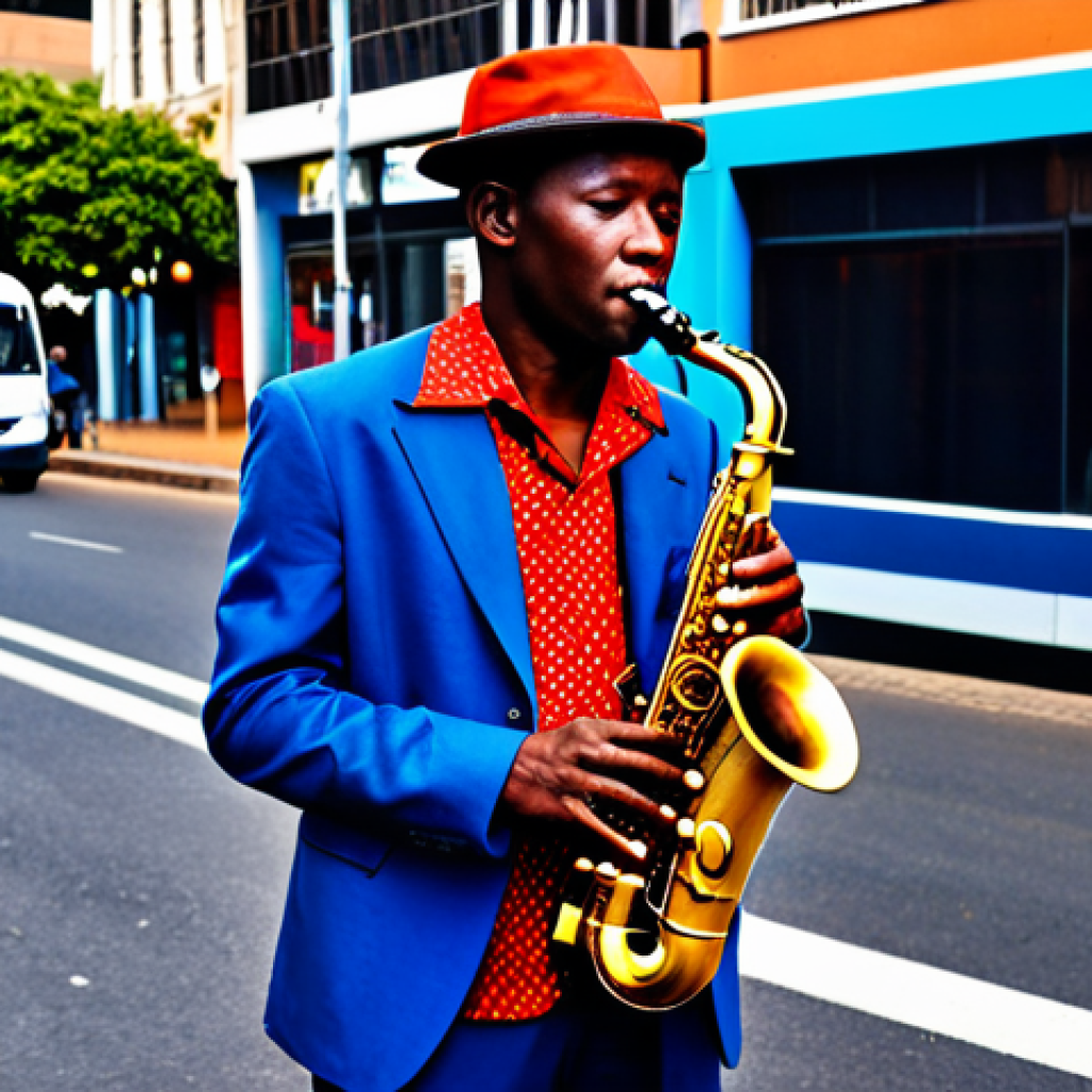 남아공의 재즈 음악 역사 - "A South African jazz musician playing a saxophone on a vibrant Johannesburg street, fully clothed, ...