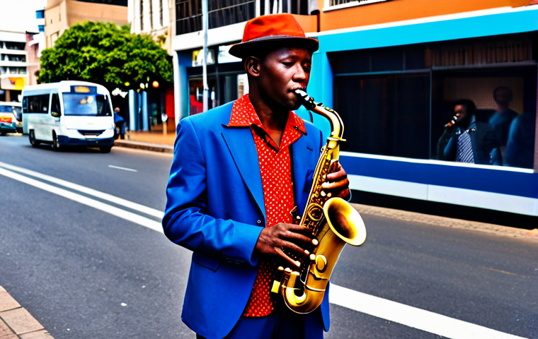 남아공의 재즈 음악 역사 - "A South African jazz musician playing a saxophone on a vibrant Johannesburg street, fully clothed, ...