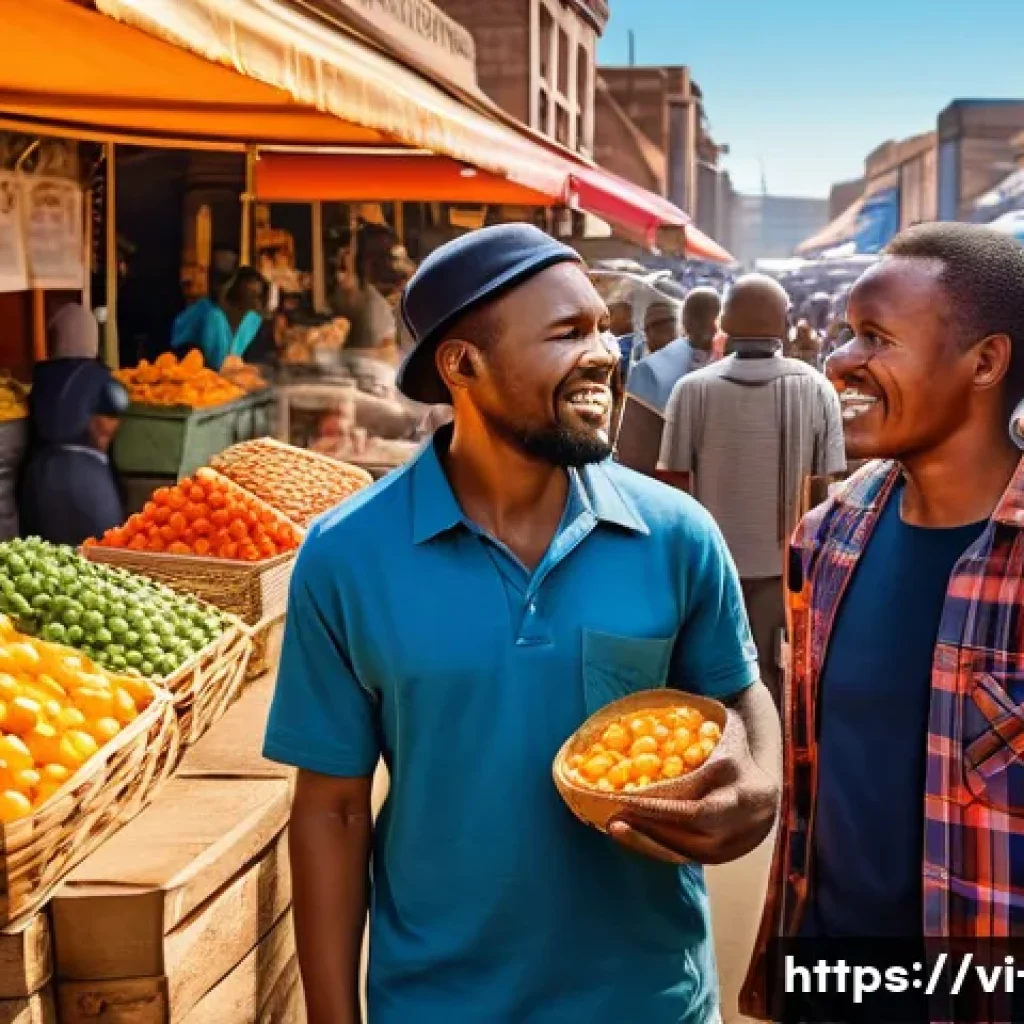 남아공 여행 경비 계산법 - A vibrant South African local market scene in Johannesburg, bustling with diverse vendors selling fr...