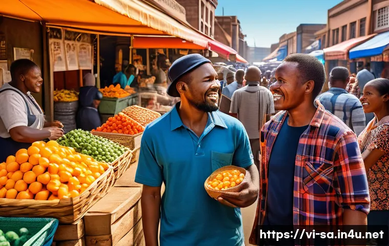 남아공 여행 경비 계산법 - A vibrant South African local market scene in Johannesburg, bustling with diverse vendors selling fr...