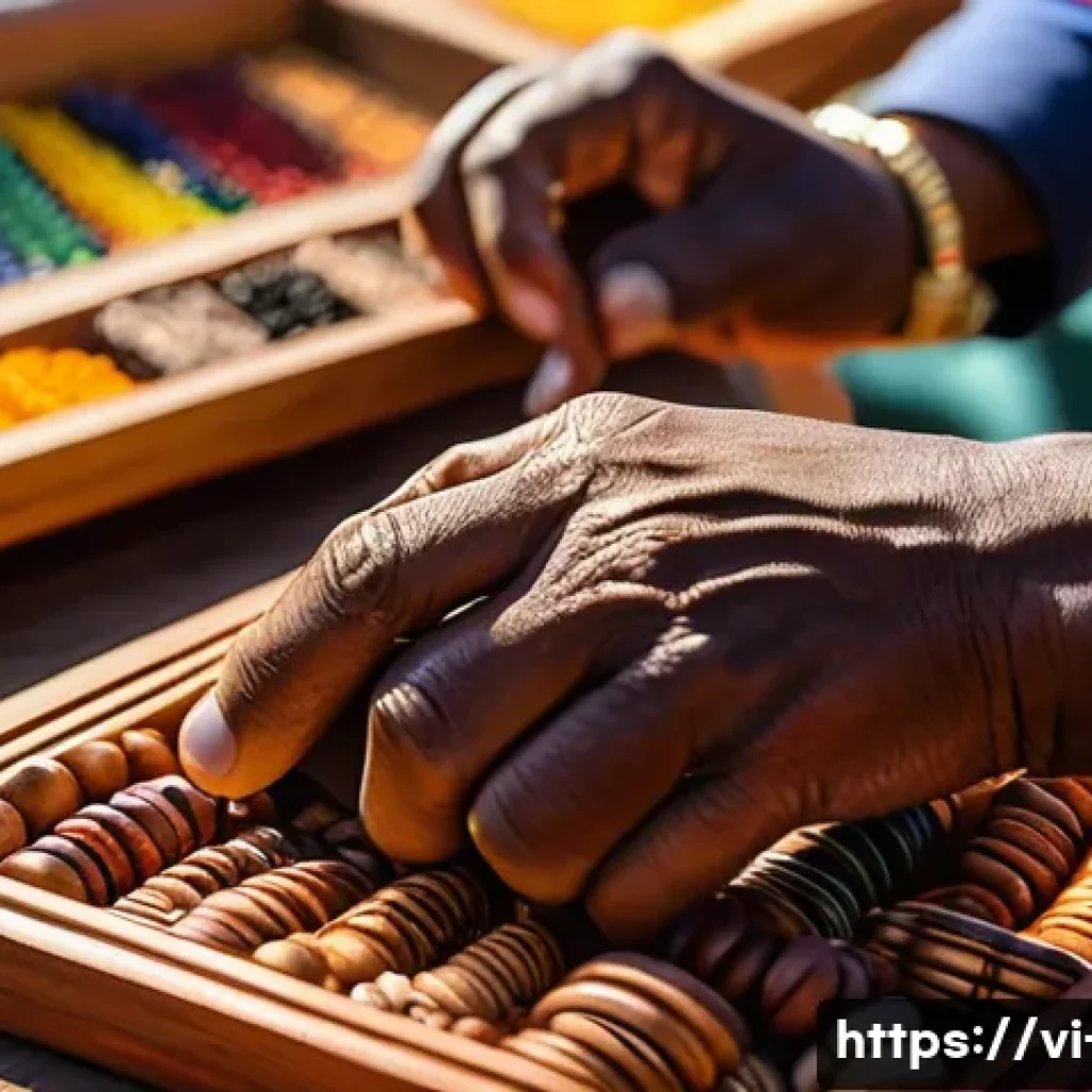 남아공 여행 기념품 추천 - A vibrant South African artisan market scene featuring skilled craftsmen carving intricate wooden sc...