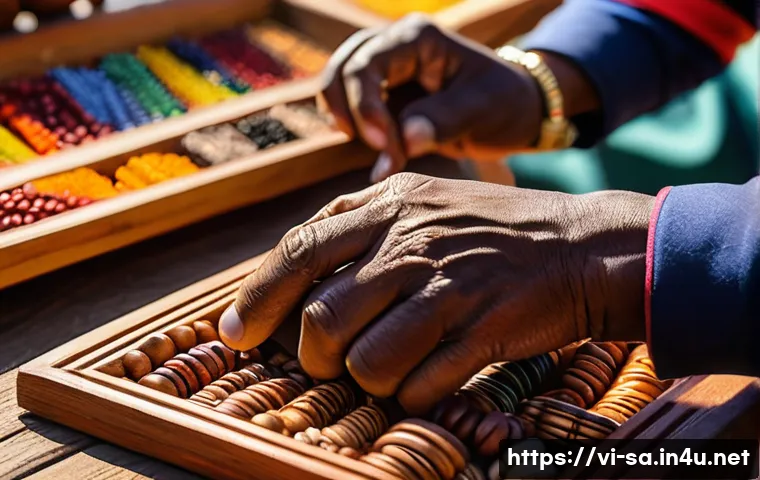 남아공 여행 기념품 추천 - A vibrant South African artisan market scene featuring skilled craftsmen carving intricate wooden sc...