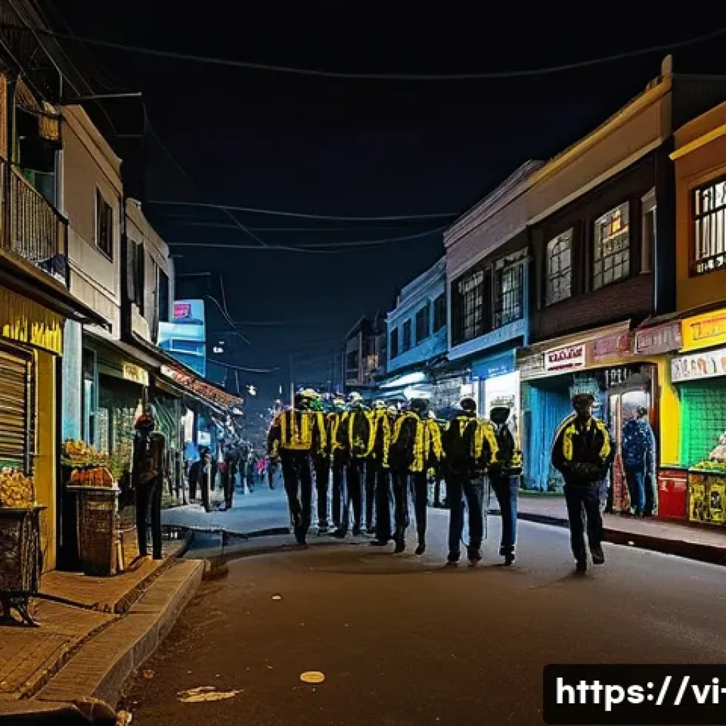 남아프리카 공화국 최근 범죄 사건 - A vibrant urban street scene in Johannesburg at night, featuring diverse local residents walking cau...