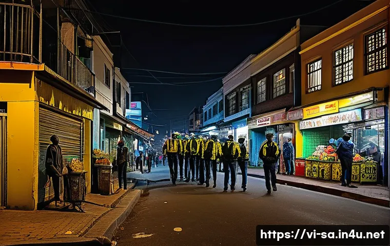 남아프리카 공화국 최근 범죄 사건 - A vibrant urban street scene in Johannesburg at night, featuring diverse local residents walking cau...