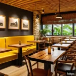 Home 22 남아프리카 공화국에서 카페 문화 - A cozy South African coffee shop interior blending modern and traditional elements, featuring raw wo...