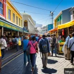 Home 21 남아프리카 공화국 여행 보험 필요성 - A vibrant and detailed street scene in Cape Town, South Africa, showing a diverse group of tourists ...