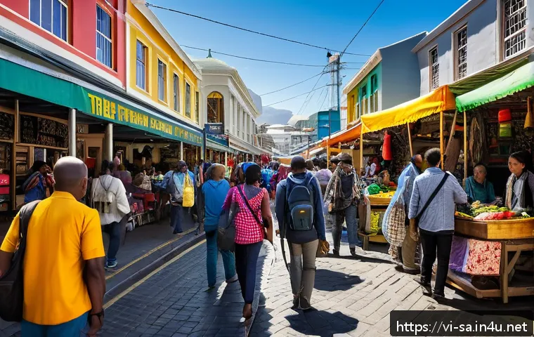 남아프리카 공화국 여행 보험 필요성 - A vibrant and detailed street scene in Cape Town, South Africa, showing a diverse group of tourists ...