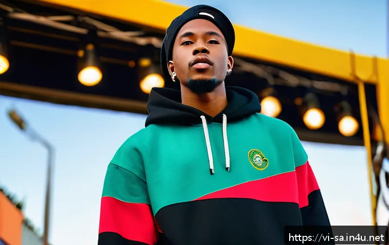 남아프리카 공화국에서 유명한 래퍼 Nasty C - A vibrant streetwear-clad young Black male hip-hop artist performing on an outdoor stage in Durban, ...