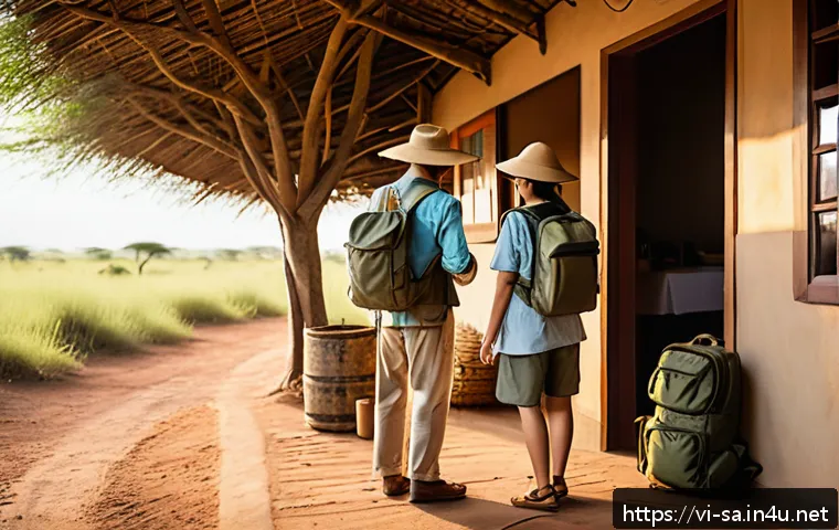 크루거 국립공원 사파리 예약법 - A detailed scene of a family preparing for a Kruger National Park safari in South Africa: the family...