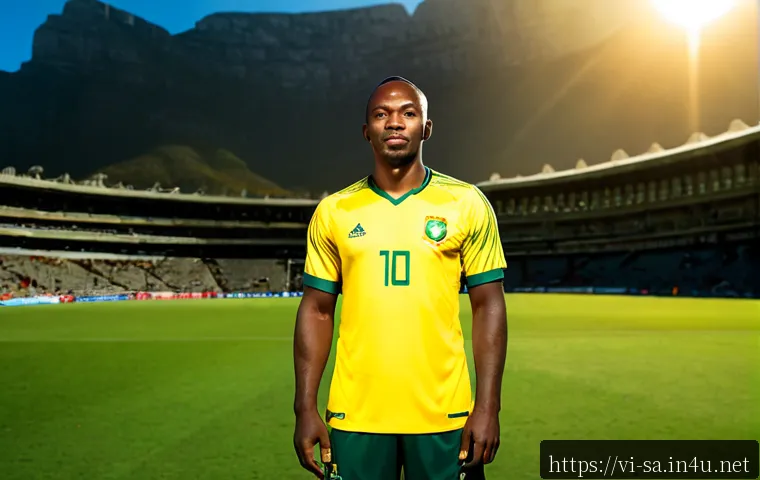 Home 17 남아프리카 공화국 스타 축구 선수 - Photorealistic portrait of a celebrated South African male football star in a plain yellow-and-green...