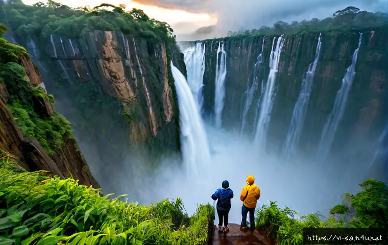 Home 17 남아프리카 빅토리아 폭포 여행 - Photorealistic sunrise view of Victoria Falls from the Zambia-Zimbabwe border, immense white waterfa...
